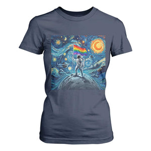 LGBTQ Rainbow Moon Astronaut T Shirt For Women Starry Night Graphic TS12 Navy Print Your Wear