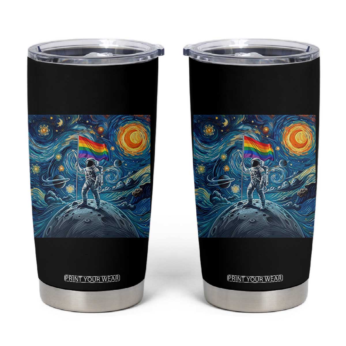 LGBTQ Rainbow Moon Astronaut Tumbler Cup Starry Night Graphic TS12 Black Print Your Wear