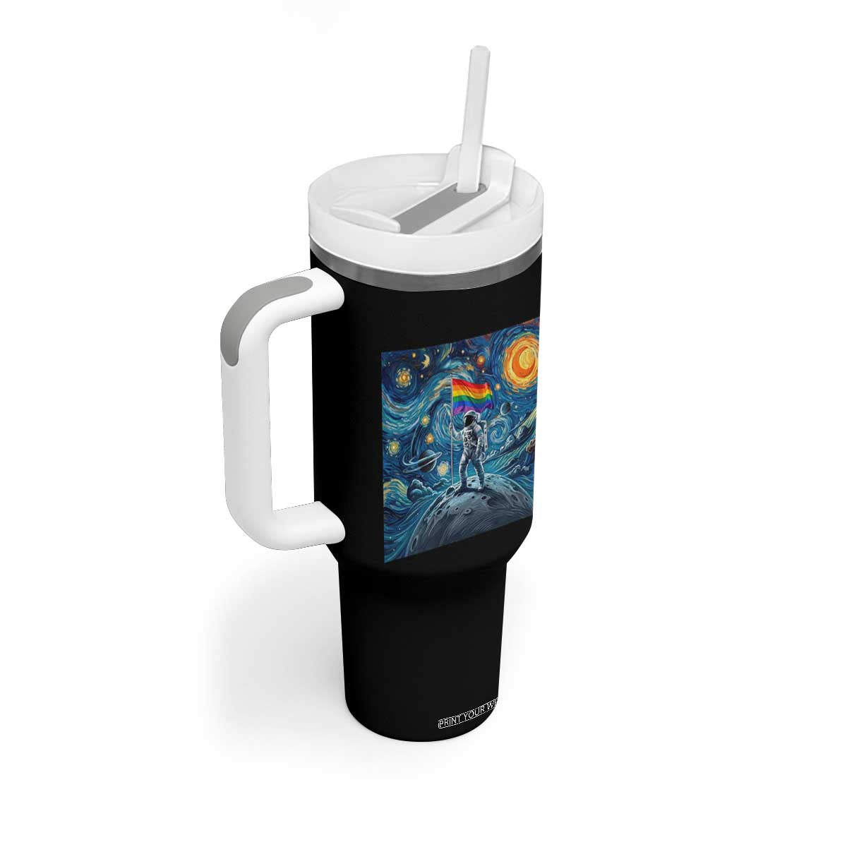 LGBTQ Rainbow Moon Astronaut Tumbler With Handle Starry Night Graphic