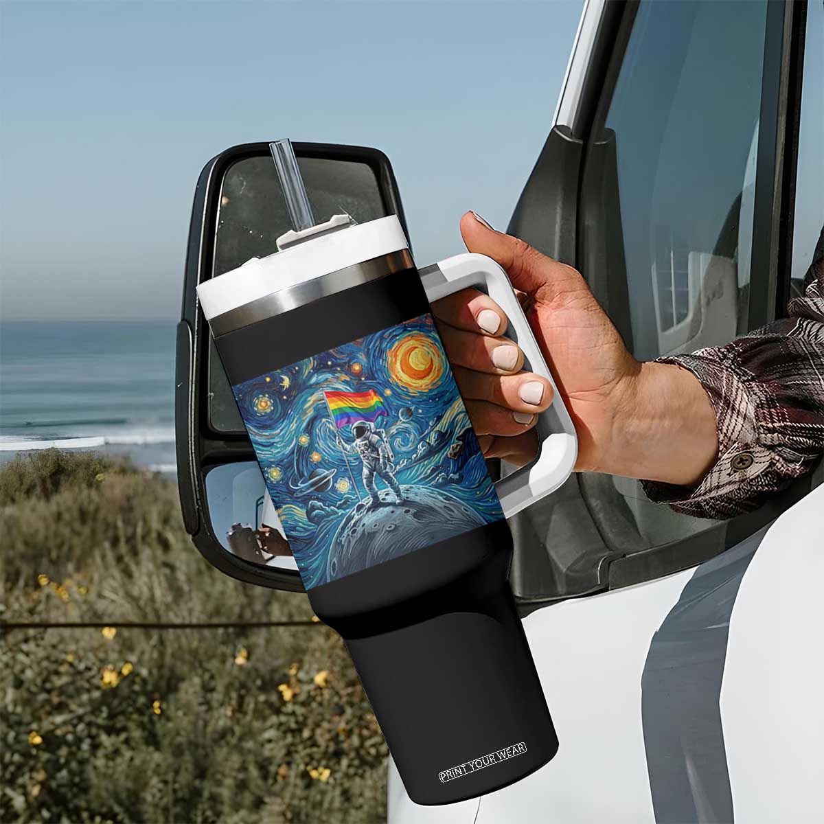 LGBTQ Rainbow Moon Astronaut Tumbler With Handle Starry Night Graphic