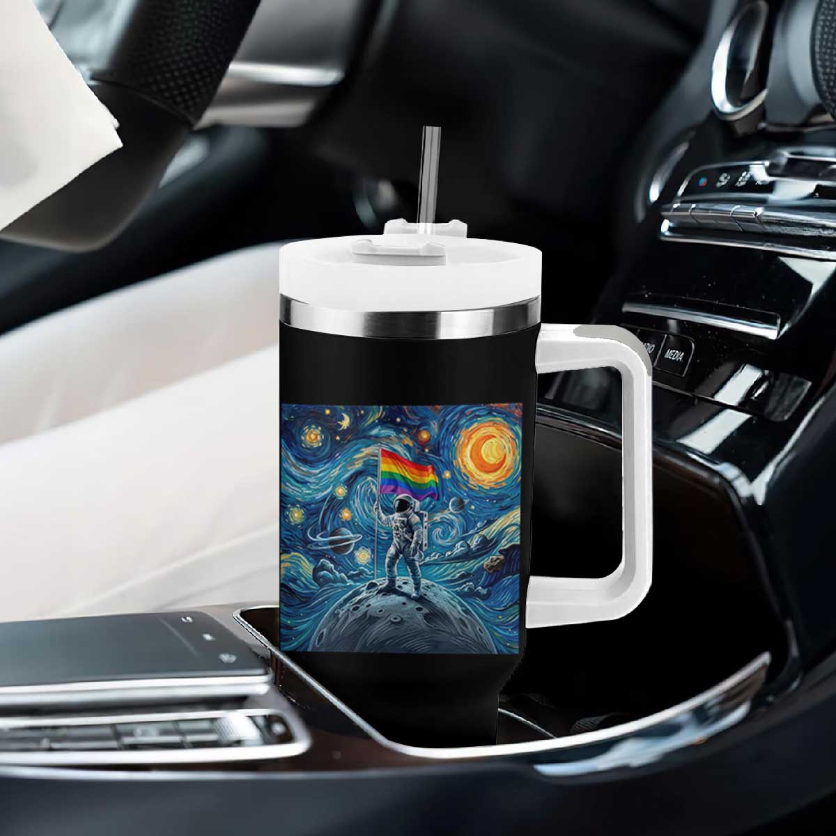 LGBTQ Rainbow Moon Astronaut Tumbler With Handle Starry Night Graphic