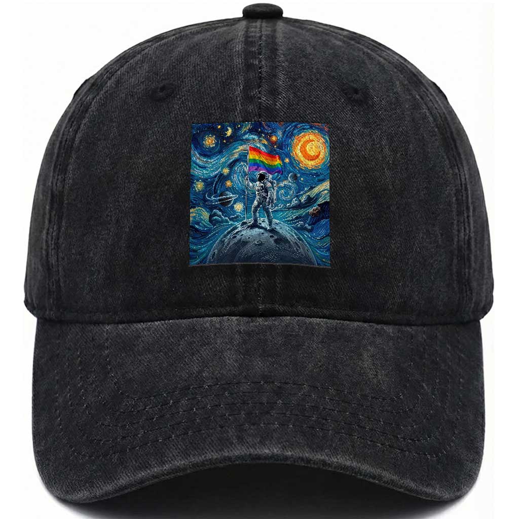 LGBTQ Rainbow Moon Astronaut Washed Cotton Baseball Cap Starry Night Graphic TS12 Print Your Wear