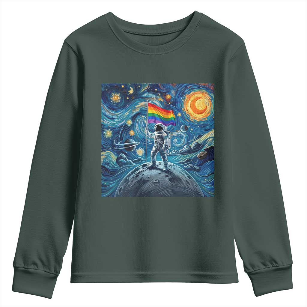LGBTQ Rainbow Moon Astronaut Youth Sweatshirt Starry Night Graphic TS12 Dark Forest Green Print Your Wear