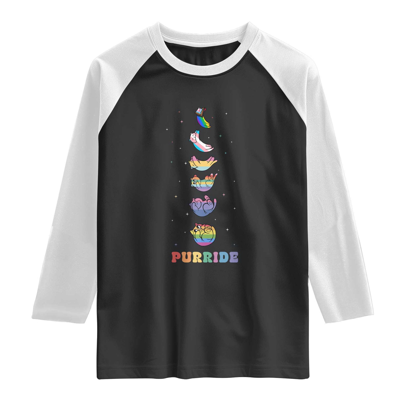Purride Rainbow Cat Moon Cycles Raglan Shirt LGBQT Pride Feline Space TS12 Black White Print Your Wear