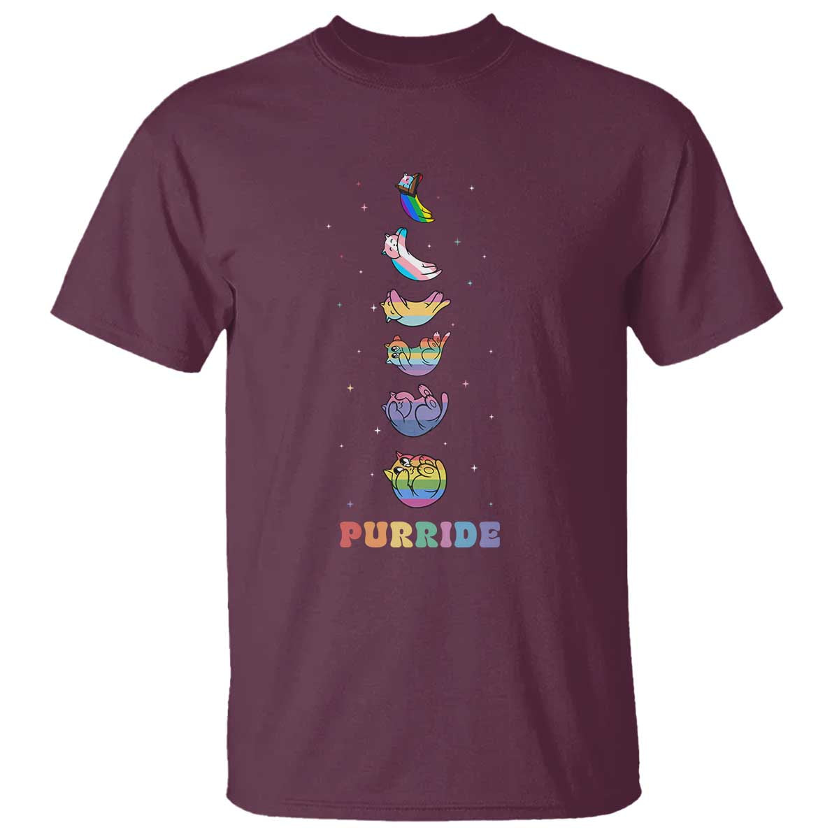 Purride Rainbow Cat Moon Cycles T Shirt LGBQT Pride Feline Space TS12 Maroon Print Your Wear