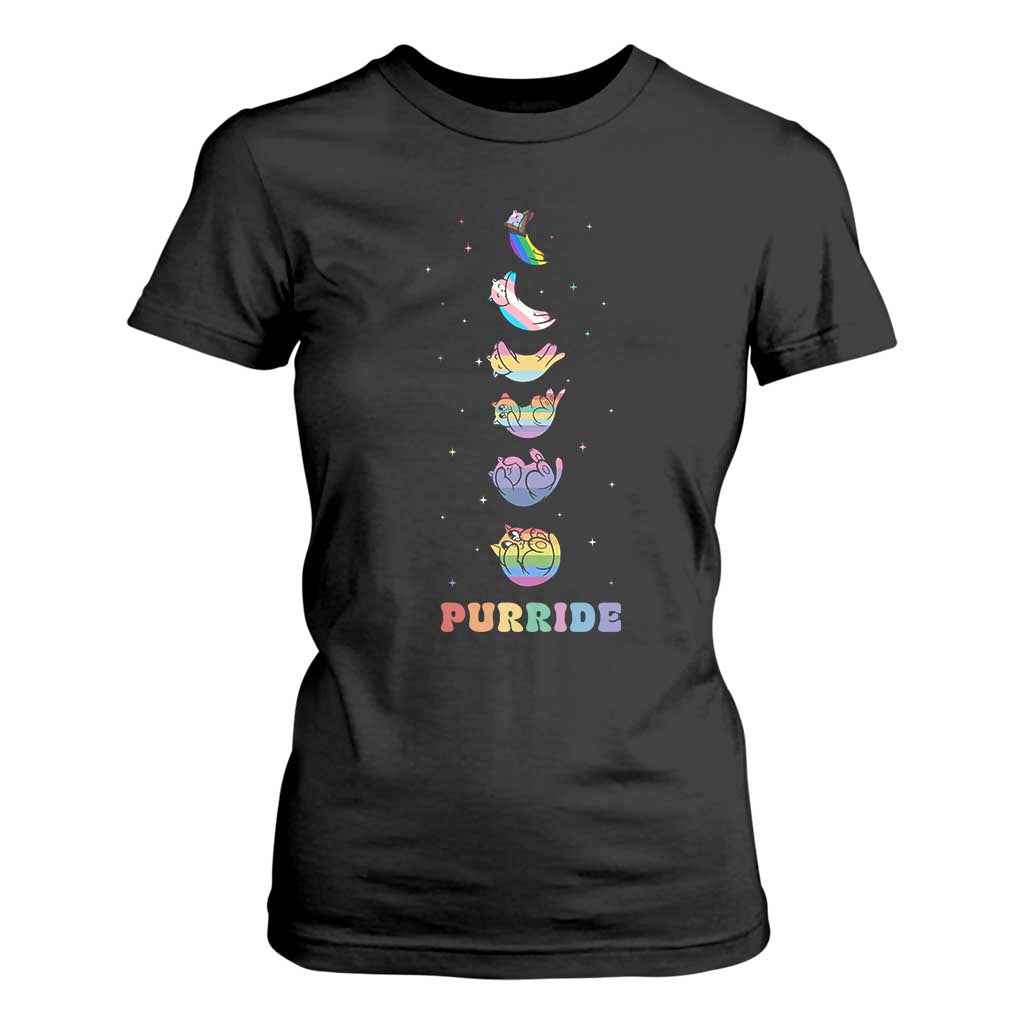 Purride Rainbow Cat Moon Cycles T Shirt For Women LGBQT Pride Feline Space
