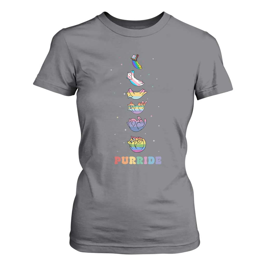 Purride Rainbow Cat Moon Cycles T Shirt For Women LGBQT Pride Feline Space