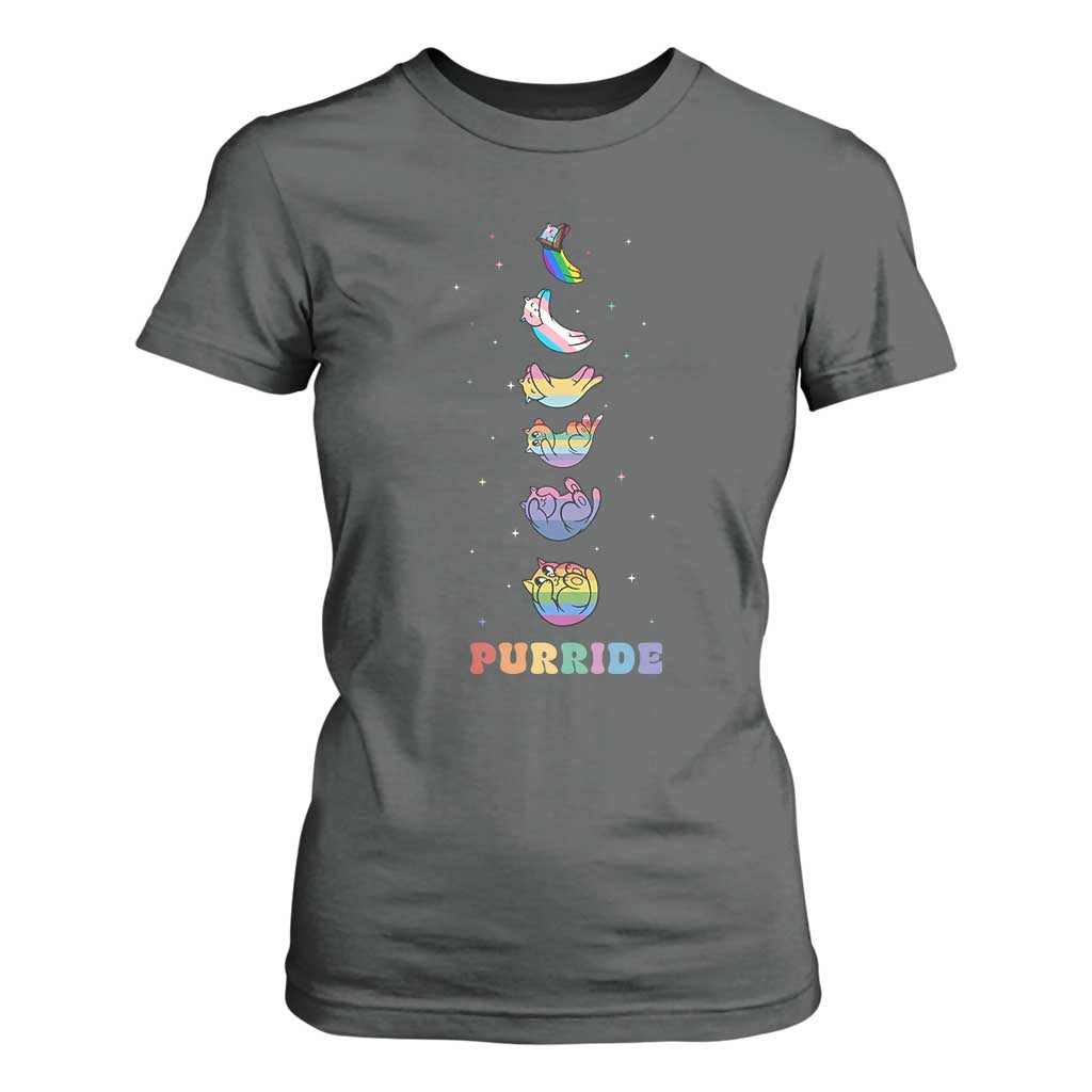 Purride Rainbow Cat Moon Cycles T Shirt For Women LGBQT Pride Feline Space
