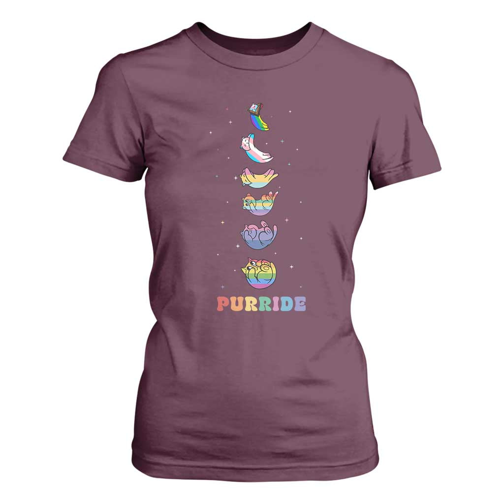 Purride Rainbow Cat Moon Cycles T Shirt For Women LGBQT Pride Feline Space