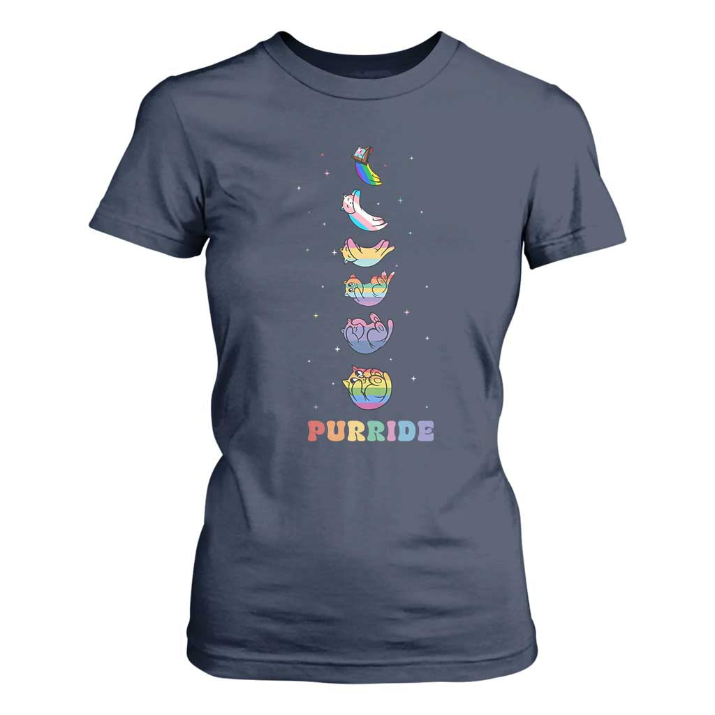 Purride Rainbow Cat Moon Cycles T Shirt For Women LGBQT Pride Feline Space