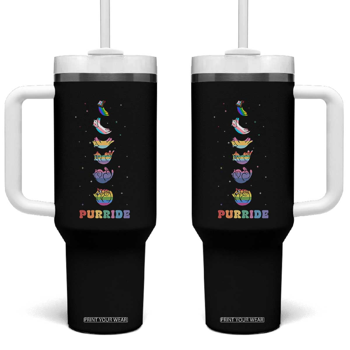 Purride Rainbow Cat Moon Cycles Tumbler With Handle LGBQT Pride Feline Space TS12 One Size: 40 oz Black Print Your Wear