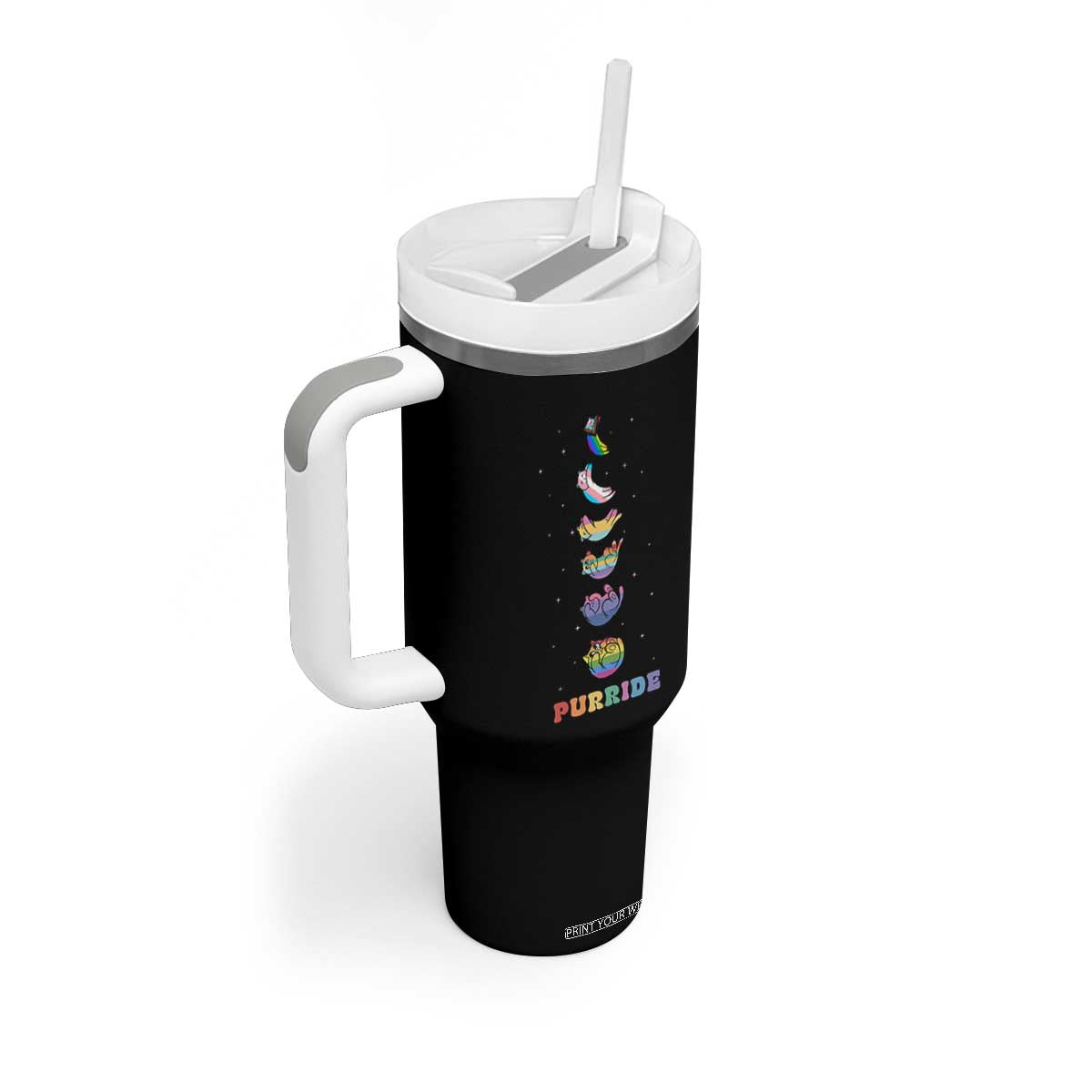 Purride Rainbow Cat Moon Cycles Tumbler With Handle LGBQT Pride Feline Space TS12 Print Your Wear