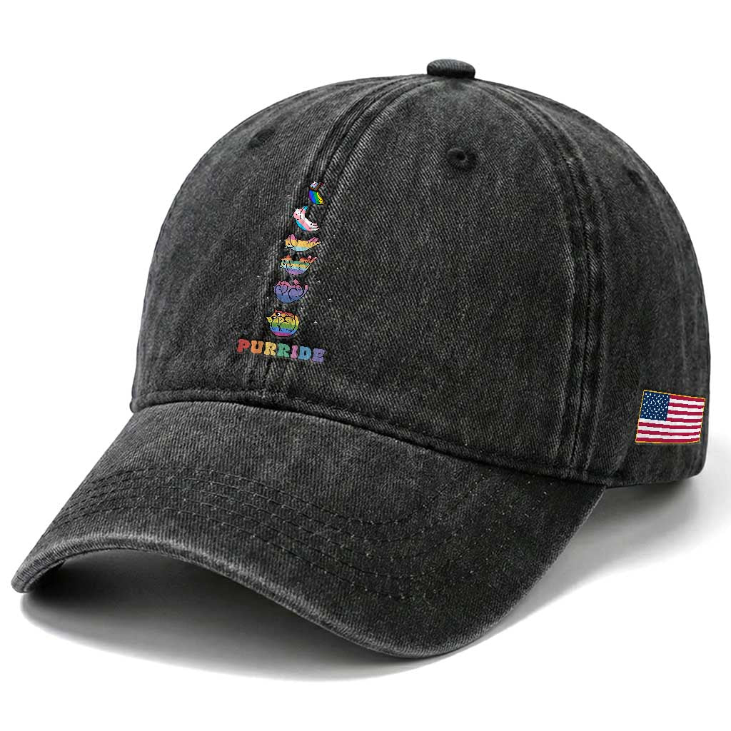 Purride Rainbow Cat Moon Cycles Washed Cotton Baseball Cap LGBQT Pride Feline Space TS12 Print Your Wear