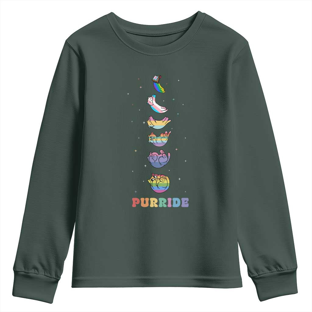 Purride Rainbow Cat Moon Cycles Youth Sweatshirt LGBQT Pride Feline Space TS12 Dark Forest Green Print Your Wear