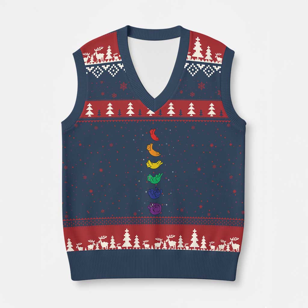 Funny Purride Cats In Space Rainbow V-Neck Knit Sweater Vest LGBQT Pride Feline Space
