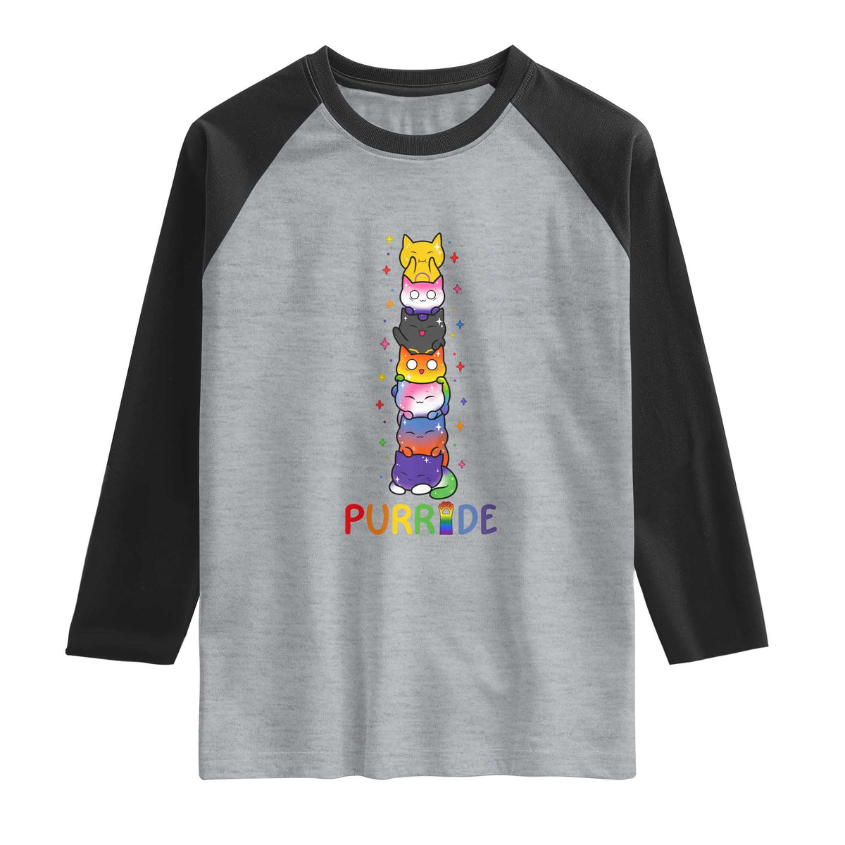 Funny Purride Stacked Cats Pride Raglan Shirt Cute LGBTQ Cat Lover TS12 Heather Gray Black Print Your Wear