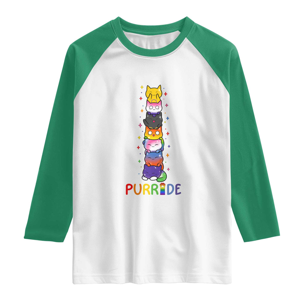 Funny Purride Stacked Cats Pride Raglan Shirt Cute LGBTQ Cat Lover TS12 White Kelly Green Print Your Wear
