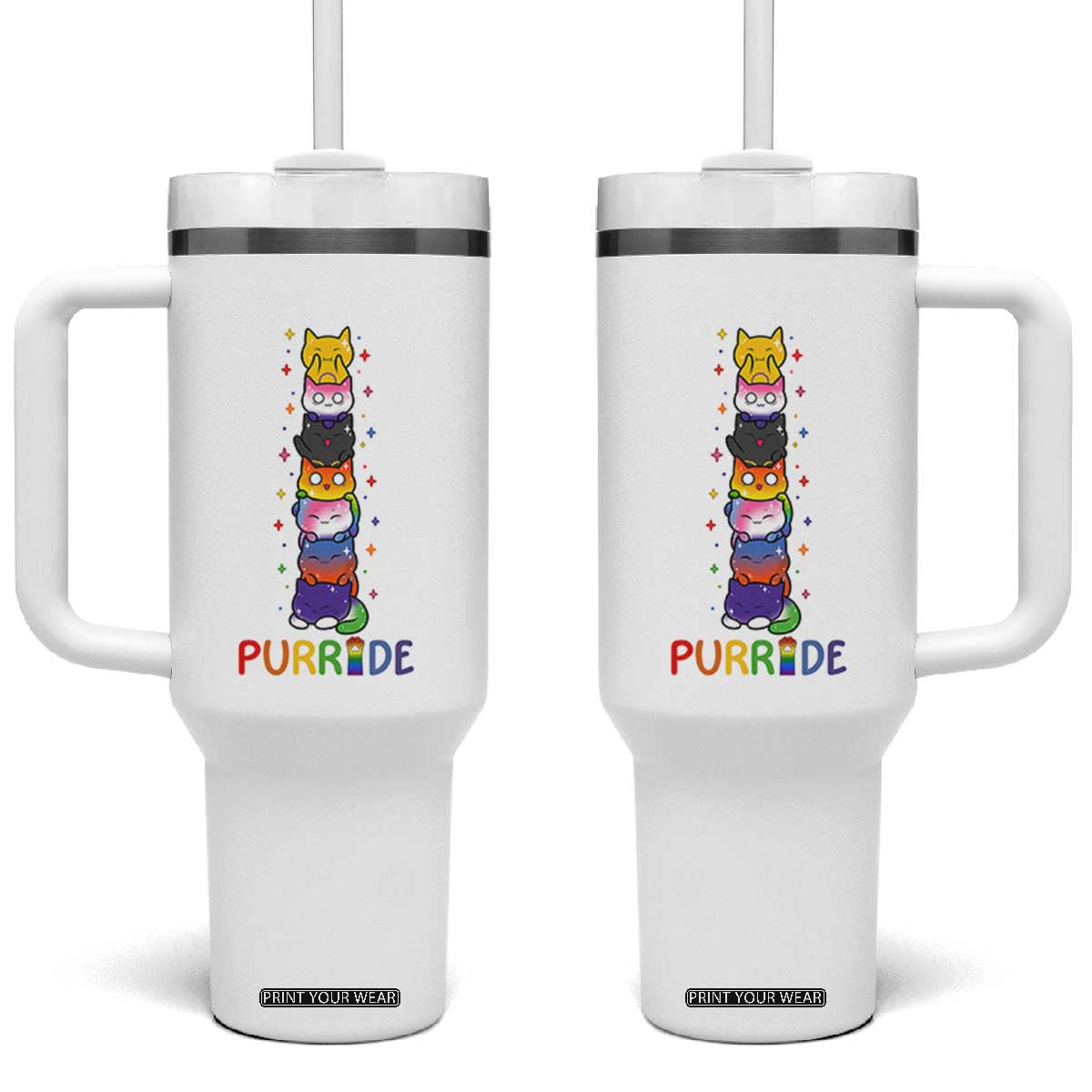 Funny Purride Stacked Cats Pride Tumbler With Handle Cute LGBTQ Cat Lover TS12 One Size: 40 oz White Print Your Wear