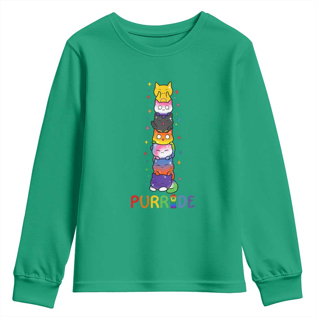 Funny Purride Stacked Cats Pride Youth Sweatshirt Cute LGBTQ Cat Lover TS12 Irish Green Print Your Wear
