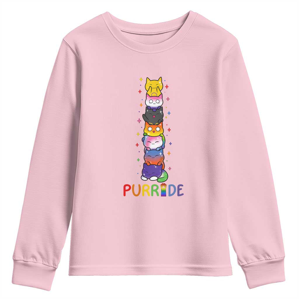 Funny Purride Stacked Cats Pride Youth Sweatshirt Cute LGBTQ Cat Lover TS12 Light Pink Print Your Wear