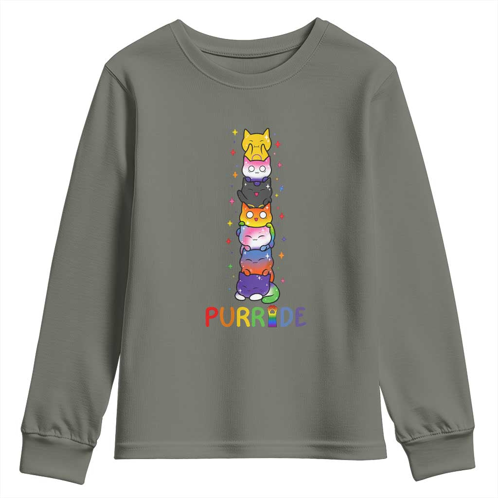Funny Purride Stacked Cats Pride Youth Sweatshirt Cute LGBTQ Cat Lover TS12 Military Green Print Your Wear