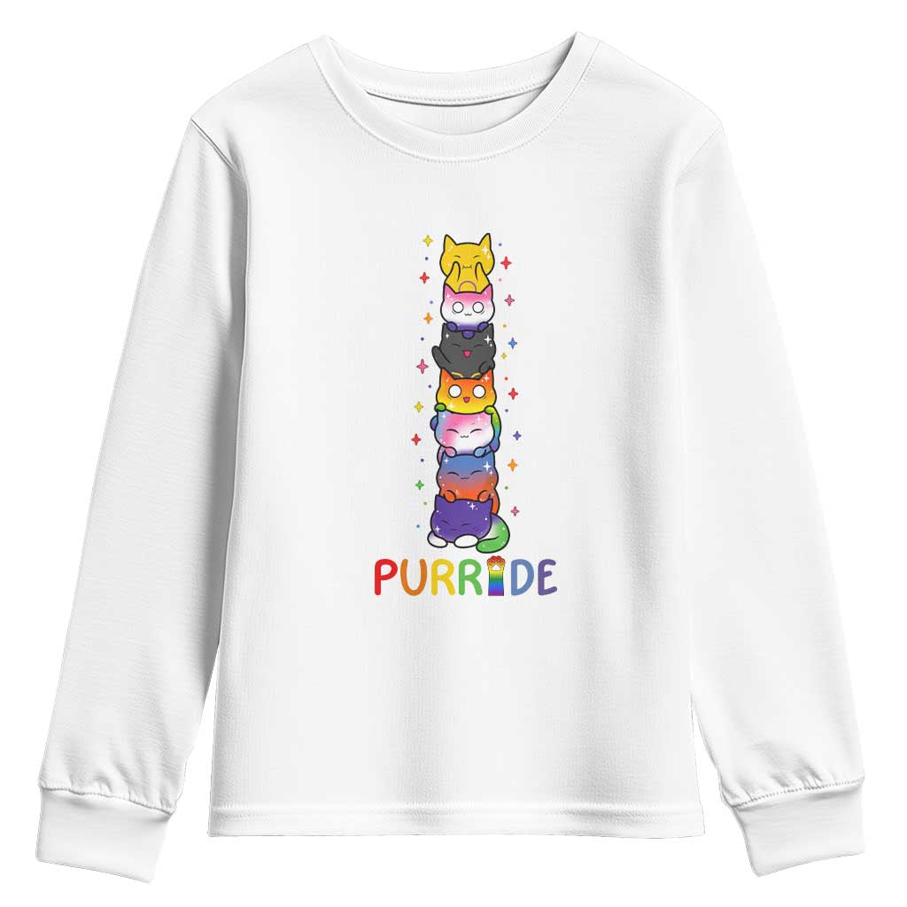 Funny Purride Stacked Cats Pride Youth Sweatshirt Cute LGBTQ Cat Lover TS12 White Print Your Wear