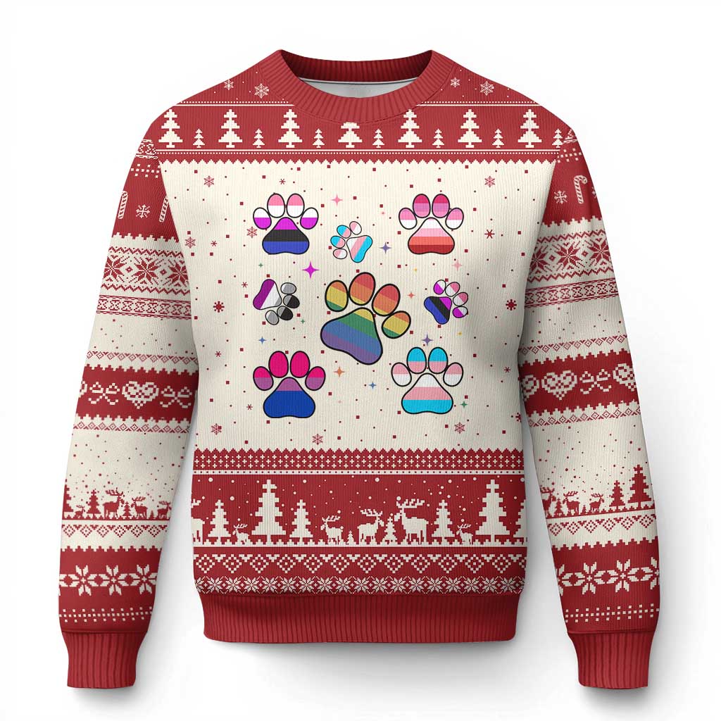 Funny Rainbow Paw Print Pride Ugly Christmas Sweater LGBTQ Pet Lover TS12 Beige Red Print Your Wear