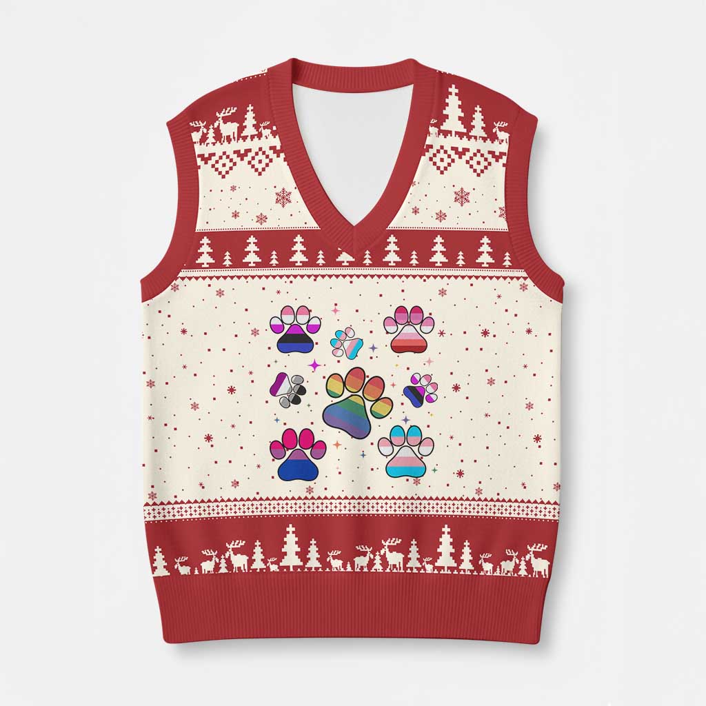 Funny Rainbow Paw Print Pride V-Neck Knit Sweater Vest LGBTQ Pet Lover TS12 Beige Red Print Your Wear