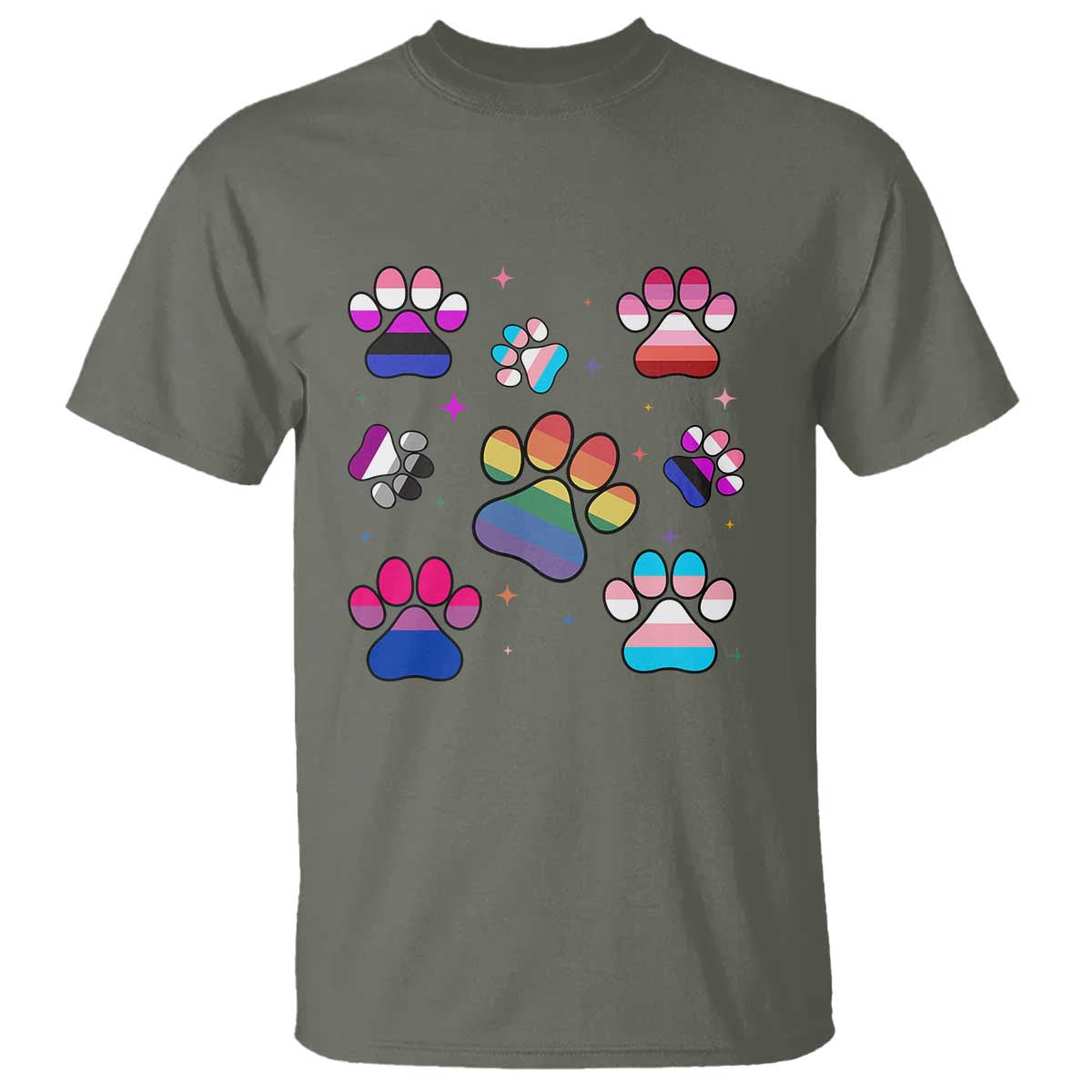 Funny Rainbow Paw Print Pride T Shirt LGBTQ Pet Lover TS12 Military Green Print Your Wear