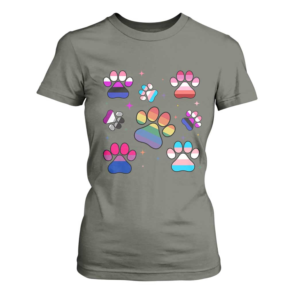 Funny Rainbow Paw Print Pride T Shirt For Women LGBTQ Pet Lover TS12 Military Green Print Your Wear