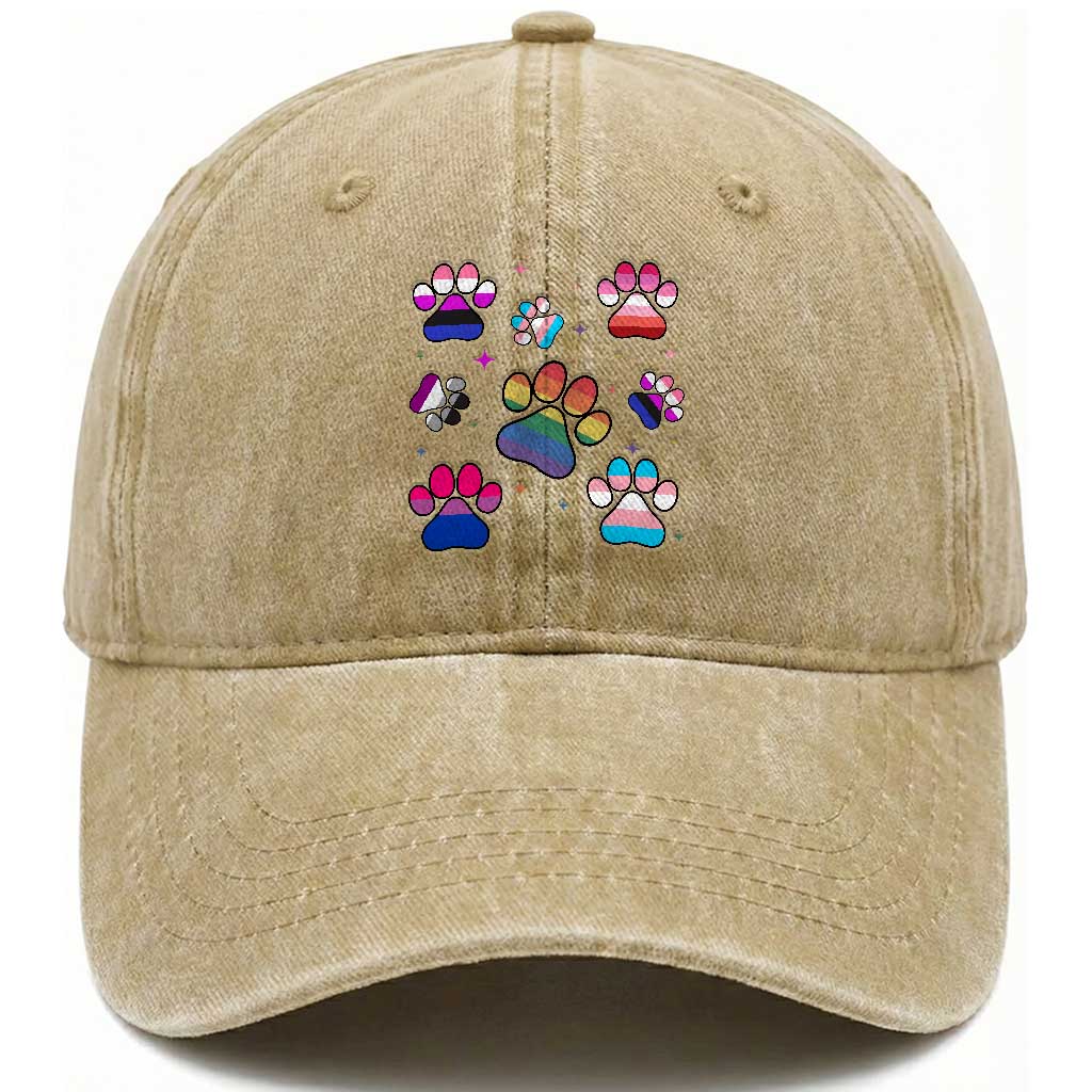 Funny Rainbow Paw Print Pride Washed Cotton Baseball Cap LGBTQ Pet Lover TS12 Print Your Wear