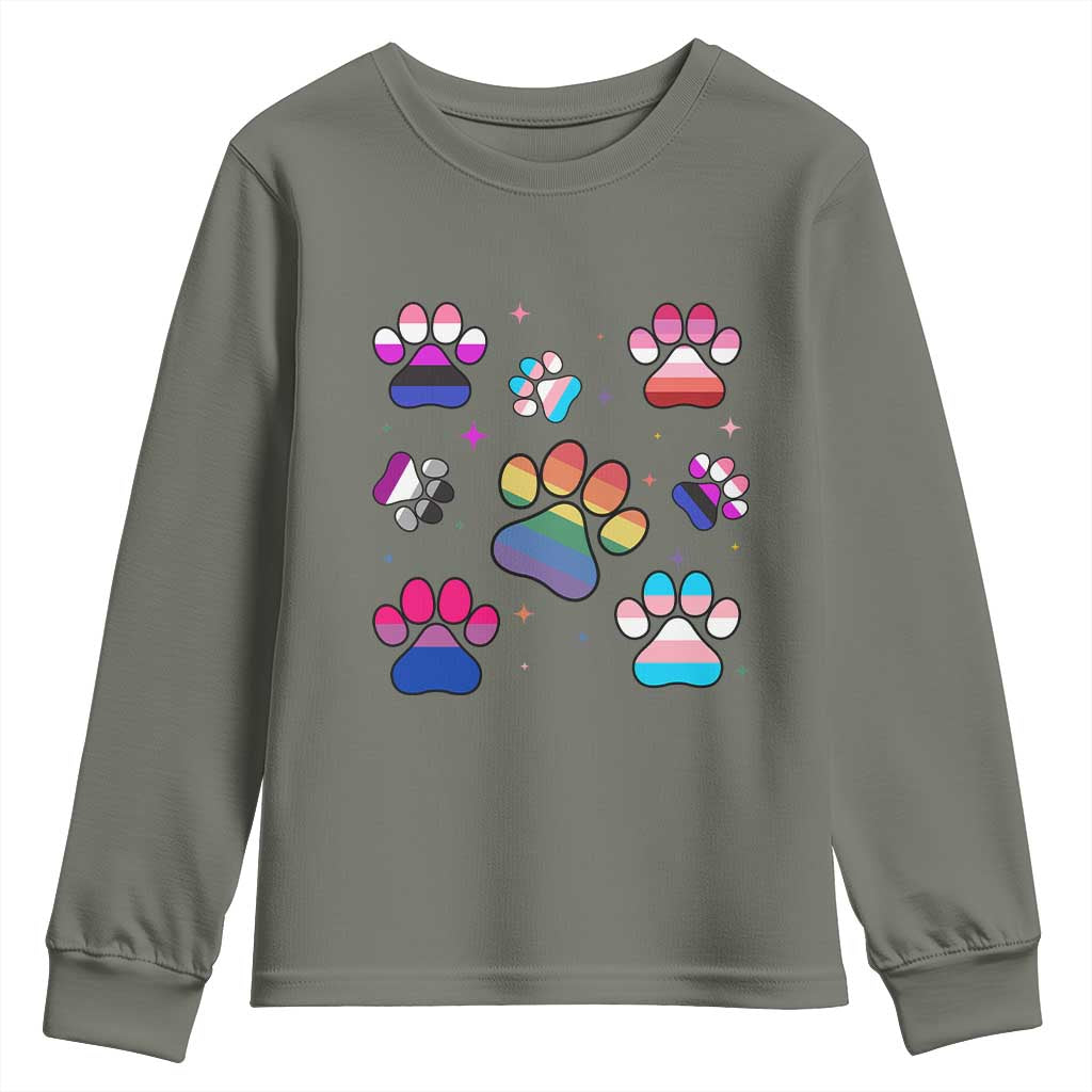 Funny Rainbow Paw Print Pride Youth Sweatshirt LGBTQ Pet Lover TS12 Military Green Print Your Wear