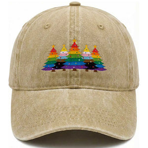 Christmas Rainbow Tree LGBTQ Support Washed Cotton Baseball Cap Holiday Pride Gift