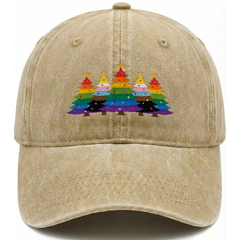 Christmas Rainbow Tree LGBTQ Support Washed Cotton Baseball Cap Holiday Pride Gift TS12 Print Your Wear