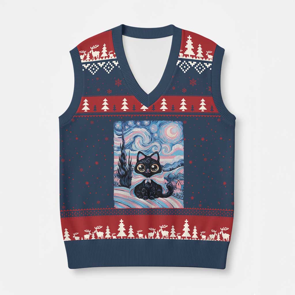 Funny Transgender Cat Starry Night V-Neck Knit Sweater Vest LGBTQ Pride Support Gift