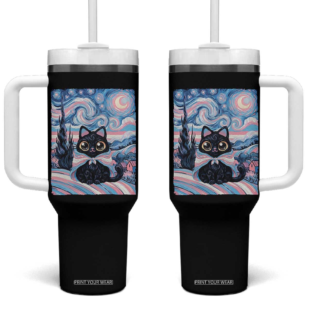 Funny Transgender Cat Starry Night Tumbler With Handle LGBTQ Pride Support Gift