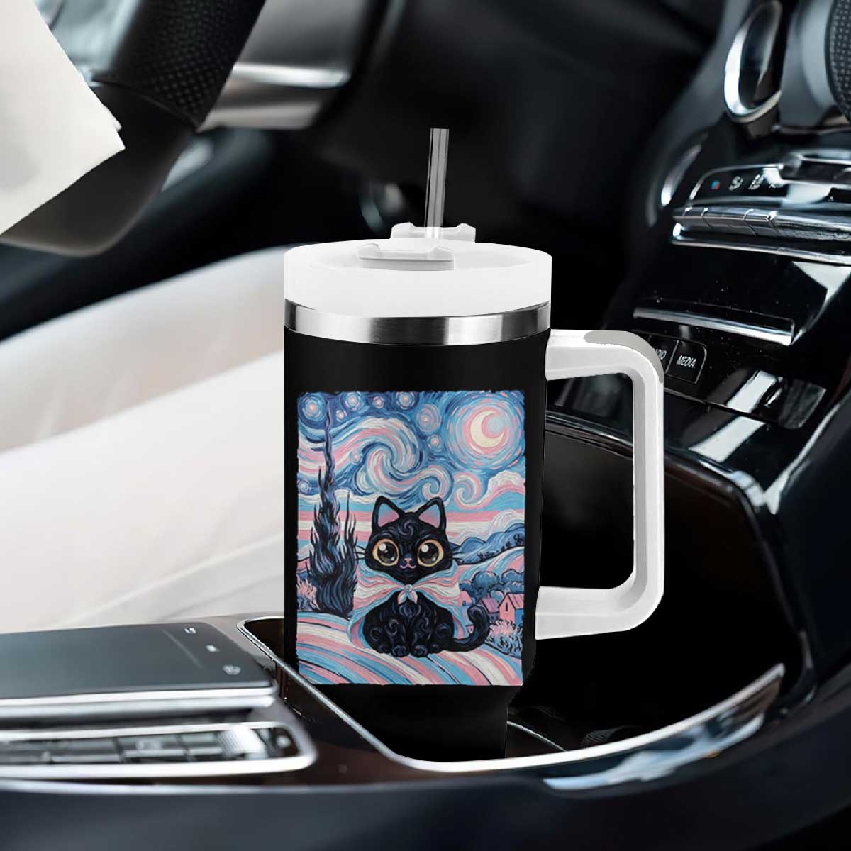 Funny Transgender Cat Starry Night Tumbler With Handle LGBTQ Pride Support Gift