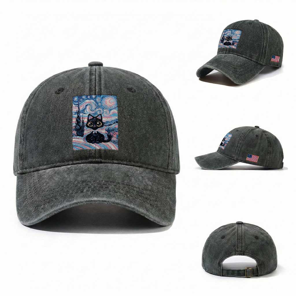 Funny Transgender Cat Starry Night Washed Cotton Baseball Cap LGBTQ Pride Support Gift
