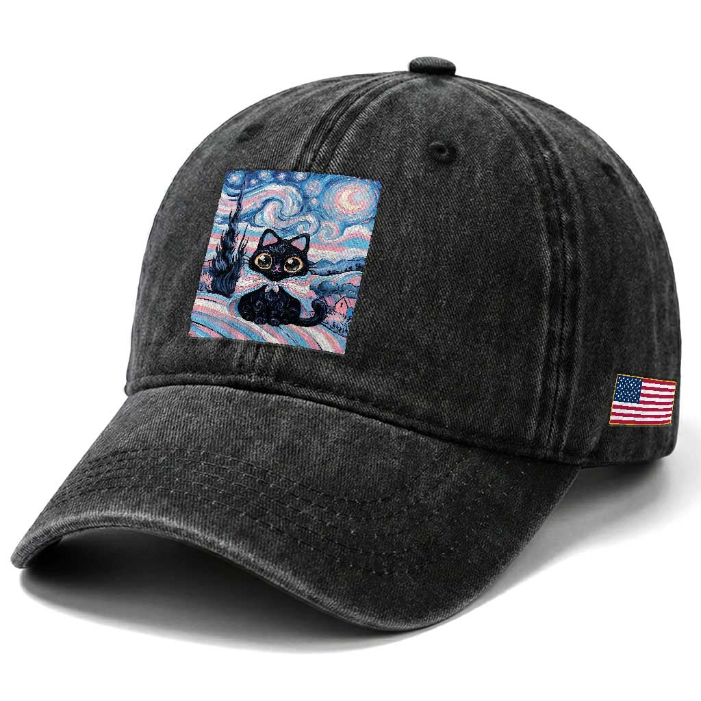 Funny Transgender Cat Starry Night Washed Cotton Baseball Cap LGBTQ Pride Support Gift