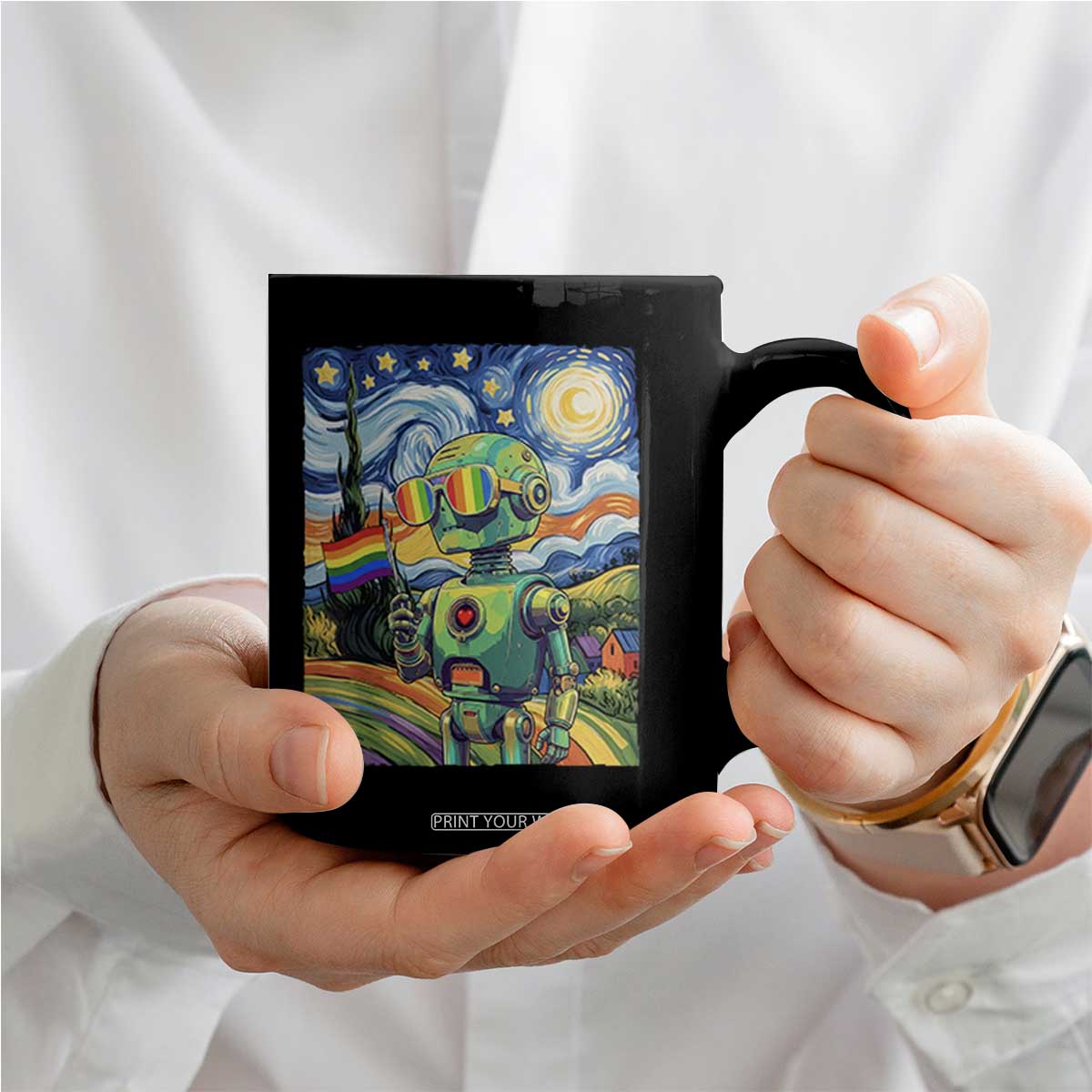 Funny Rainbow Starry Night Robot Pride Coffee Mug LGBTQ Geeky Gift TS12 Print Your Wear