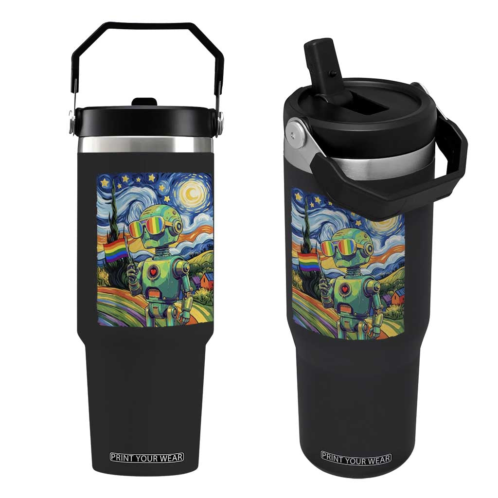 Funny Rainbow Starry Night Robot Pride Flip Straw Tumbler LGBTQ Geeky Gift