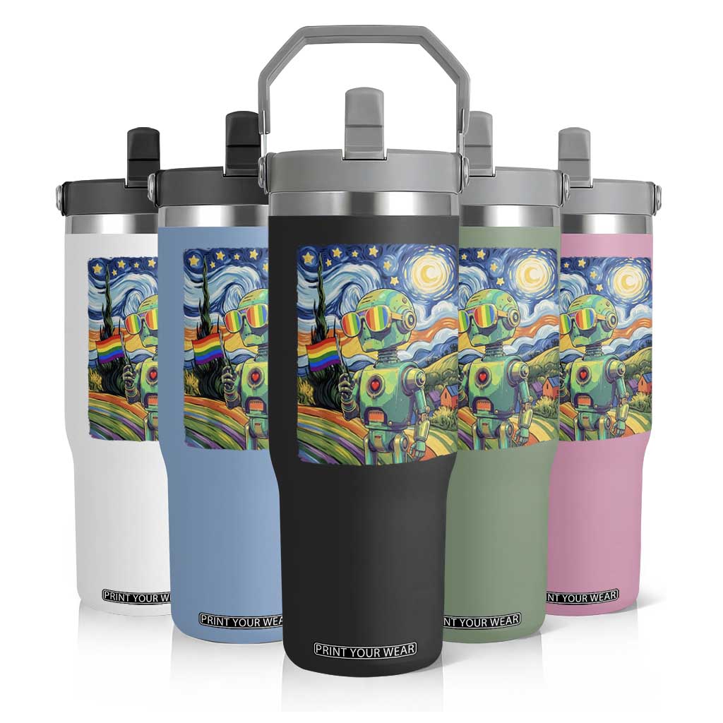 Funny Rainbow Starry Night Robot Pride Flip Straw Tumbler LGBTQ Geeky Gift