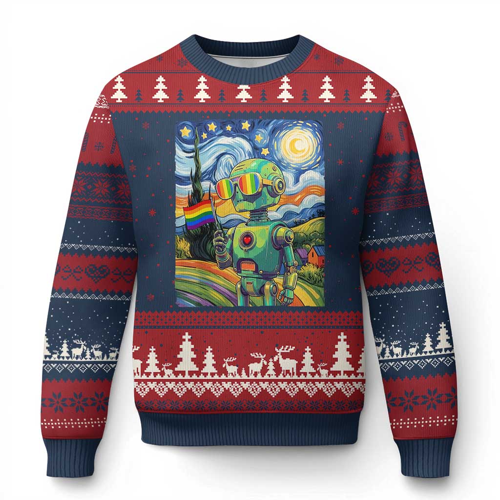 Funny Rainbow Starry Night Robot Pride Ugly Christmas Sweater LGBTQ Geeky Gift