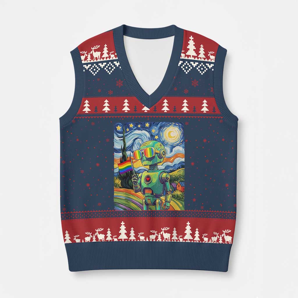 Funny Rainbow Starry Night Robot Pride V-Neck Knit Sweater Vest LGBTQ Geeky Gift TS12 Navy Red Print Your Wear