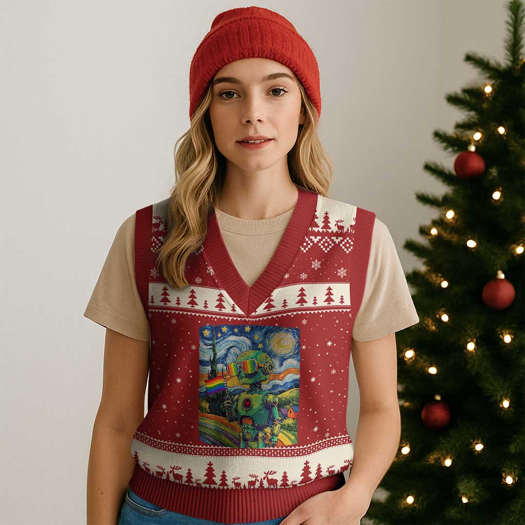 Funny Rainbow Starry Night Robot Pride V-Neck Knit Sweater Vest LGBTQ Geeky Gift TS12 Red Beige Print Your Wear