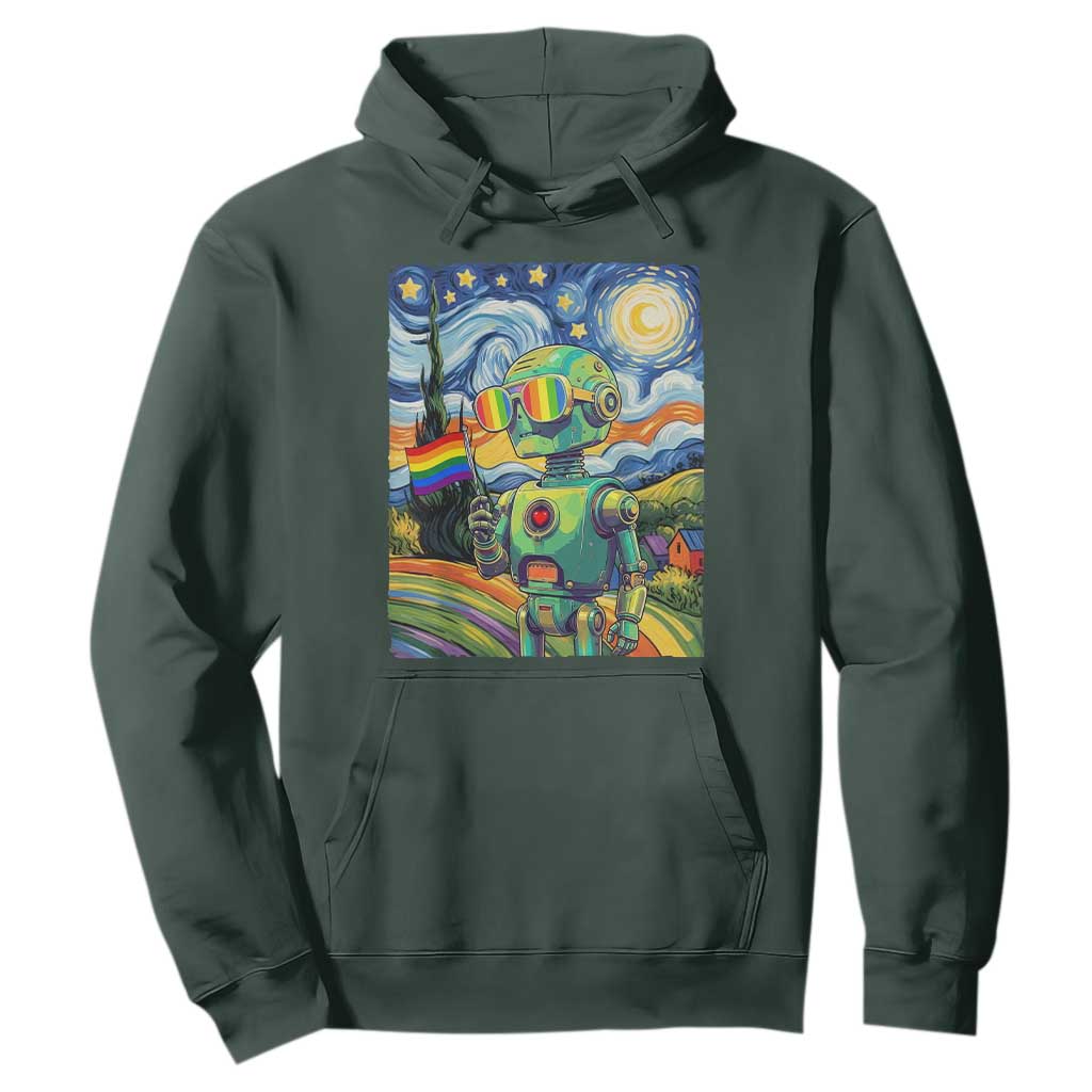 Funny Rainbow Starry Night Robot Pride Hoodie LGBTQ Geeky Gift TS12 Dark Forest Green Print Your Wear