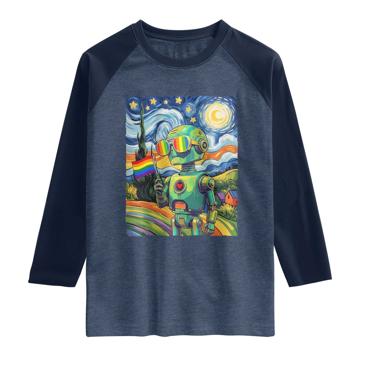 Funny Rainbow Starry Night Robot Pride Raglan Shirt LGBTQ Geeky Gift TS12 Heather Denim Navy Print Your Wear