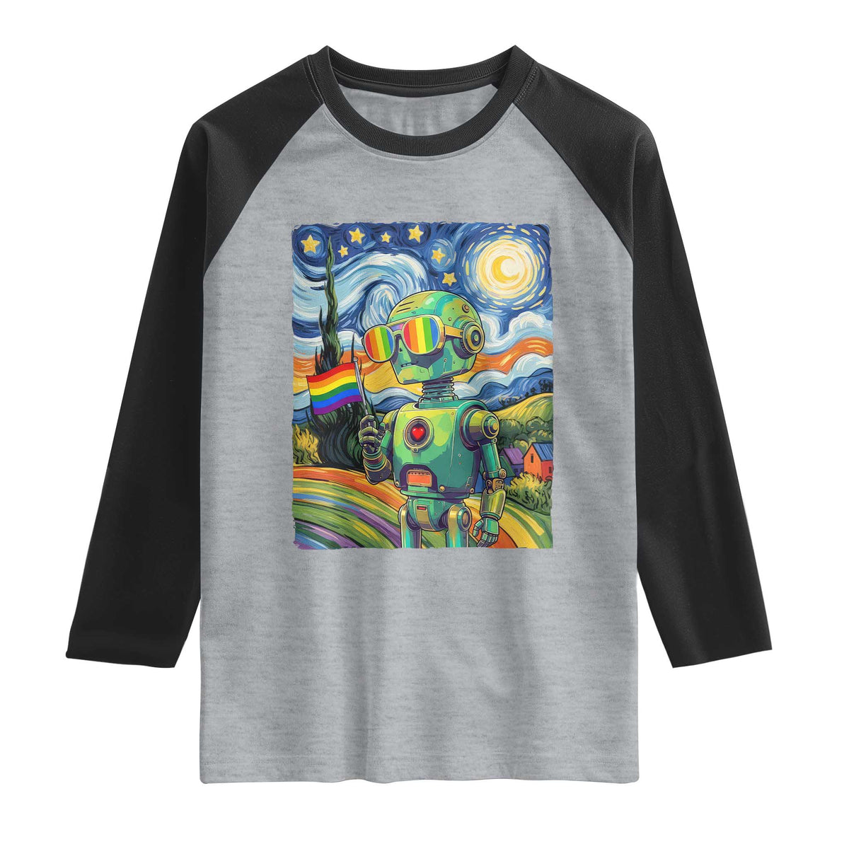 Funny Rainbow Starry Night Robot Pride Raglan Shirt LGBTQ Geeky Gift TS12 Heather Gray Black Print Your Wear