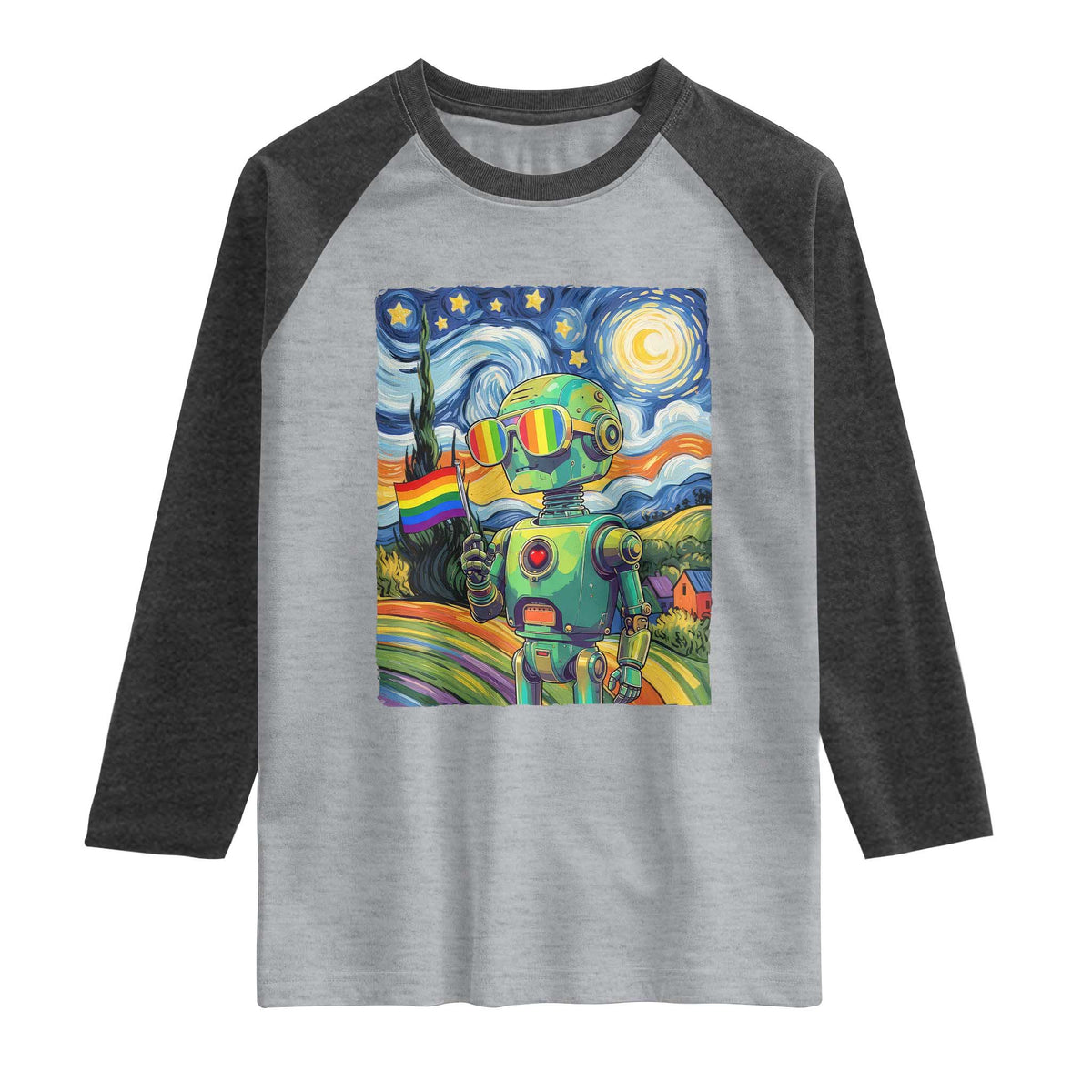 Funny Rainbow Starry Night Robot Pride Raglan Shirt LGBTQ Geeky Gift TS12 Heather Gray Heather Charcoal Print Your Wear