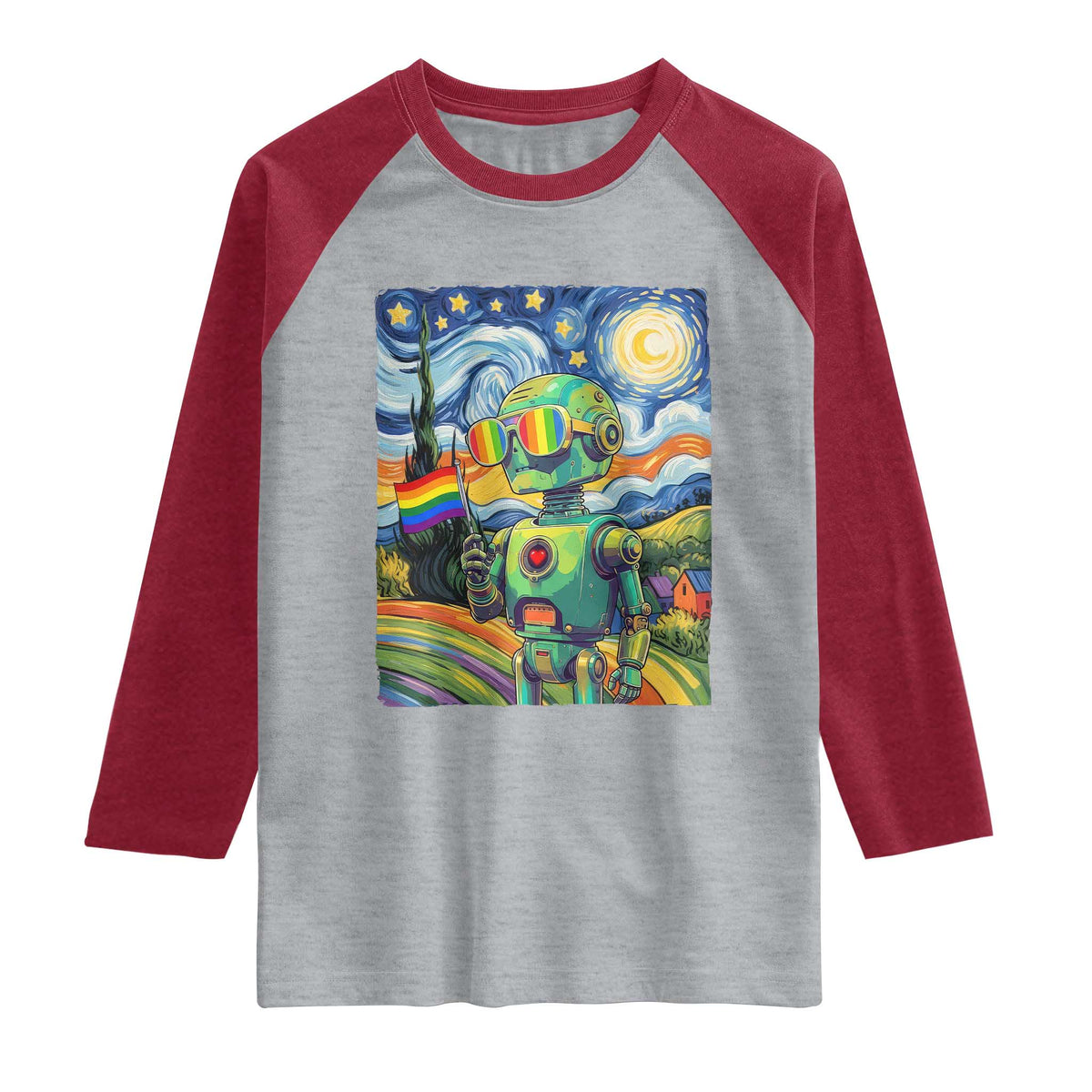 Funny Rainbow Starry Night Robot Pride Raglan Shirt LGBTQ Geeky Gift TS12 Heather Gray Heather Red Print Your Wear